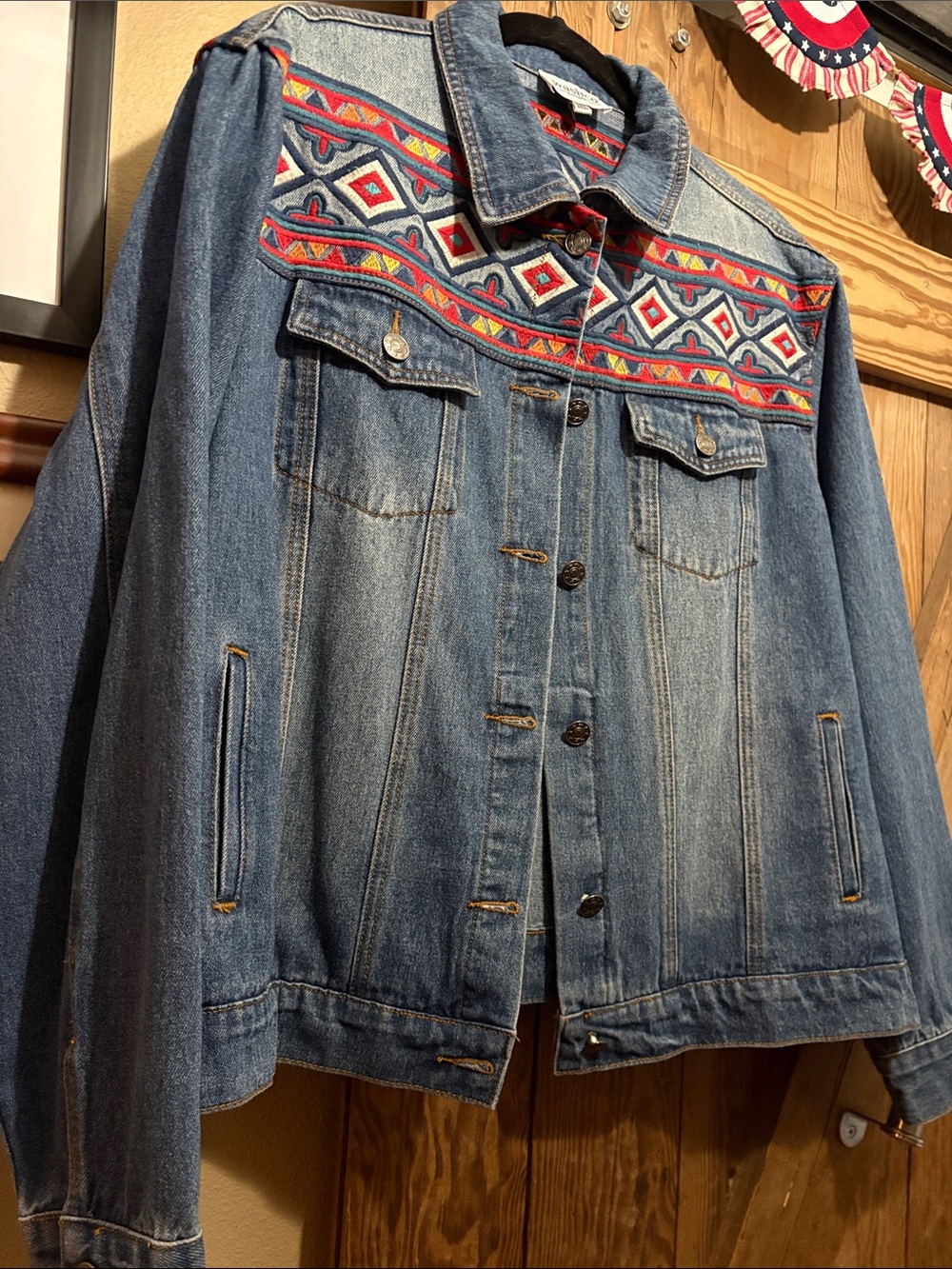 Embroidered Yoke Denim Jacket - Blue with Red & White Accents
